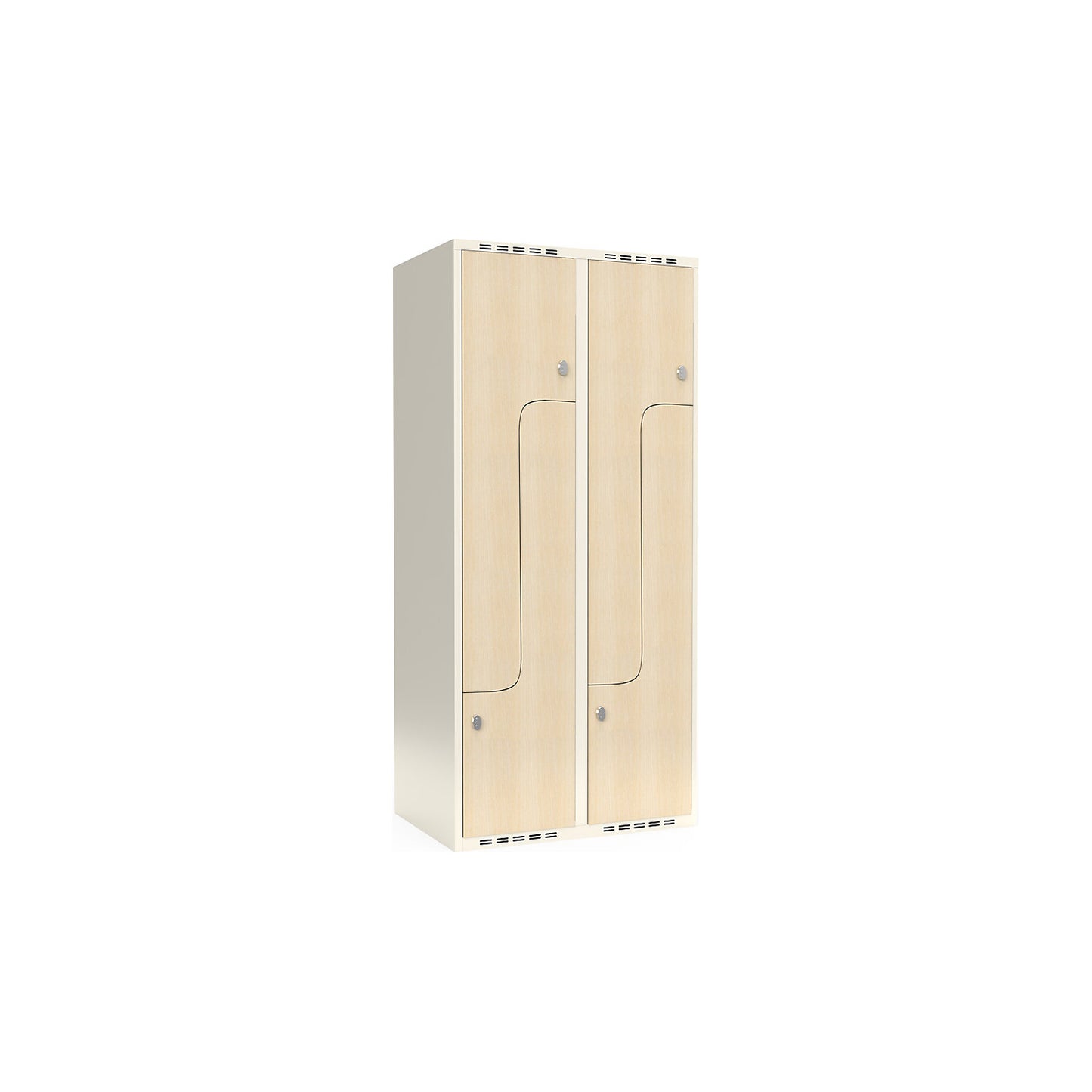 Fydor Z clothes locker, HPL, 2 sections, white/birch, W 800 mm, flat roof shape, padlock.