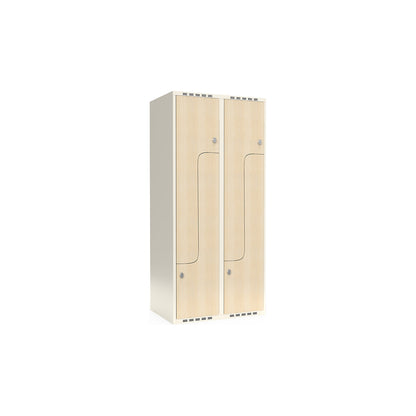 Fydor Z clothes locker, HPL, 2 sections, white/birch, W 800 mm, flat roof shape, padlock.