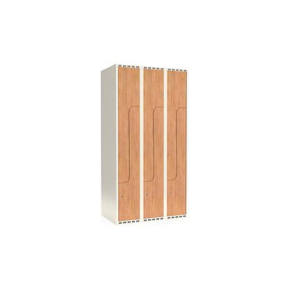 Fydor Z clothes locker, HPL, 3 sections, white/oak, W 900 mm, flat roof shape, cylinder lock.