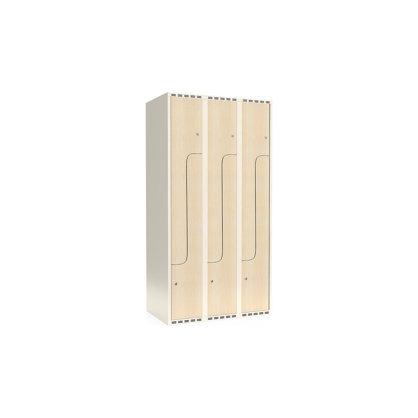 Fydor Z clothes locker, HPL, 3 sections, white/birch, W 900 mm, flat roof shape, cylinder lock.