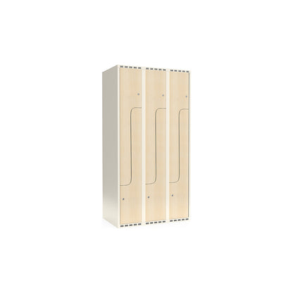 Fydor Z clothes locker, HPL, 3 sections, white/birch, W 900 mm, flat roof shape, cylinder lock.