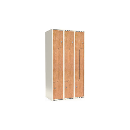 Fydor Z clothes locker, HPL, 3 sections, white/oak, W 900 mm, flat roof shape, padlock.