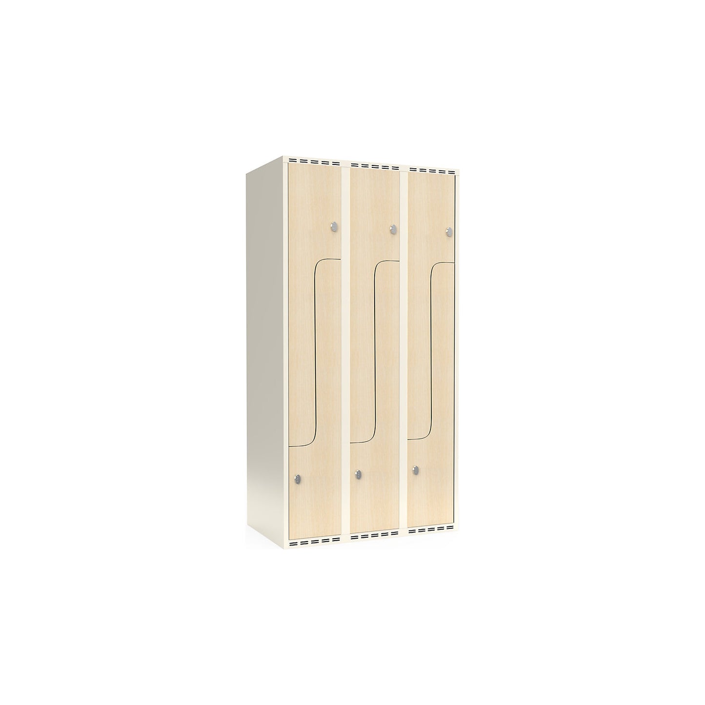 Fydor Z clothes locker, HPL, 3 sections, white/birch, W 900 mm, flat roof shape, padlock.