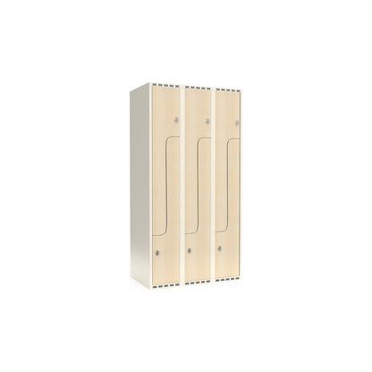 Fydor Z clothes locker, HPL, 3 sections, white/birch, W 900 mm, flat roof shape, padlock.