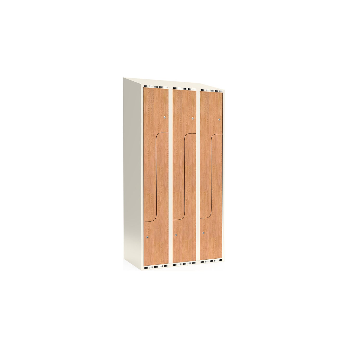 Fydor Z clothes locker, HPL, 3 sections, white/oak, W 900 mm, sloping roof shape, cylinder lock.