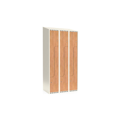 Fydor Z clothes locker, HPL, 3 sections, white/oak, W 900 mm, sloping roof shape, cylinder lock.