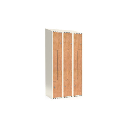 Fydor Z clothes locker, HPL, 3 sections, white/oak, W 900 mm, sloping roof shape, padlock.