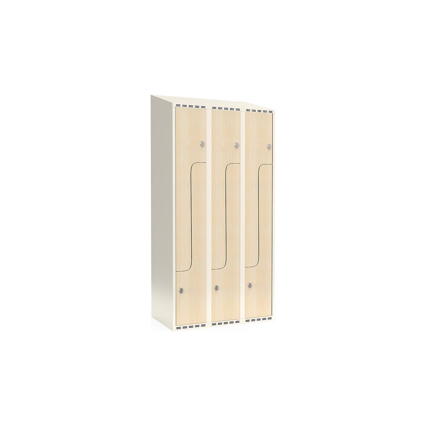 Fydor Z clothes locker, HPL, 3 sections, white/birch, W 900 mm, sloping roof shape, padlock.