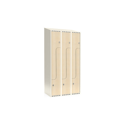Fydor Z clothes locker, HPL, 3 sections, white/birch, W 900 mm, sloping roof shape, padlock.