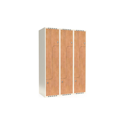 Fydor Z clothes locker, HPL, 3 sections, white/oak, W 1200 mm, flat roof shape, padlock.