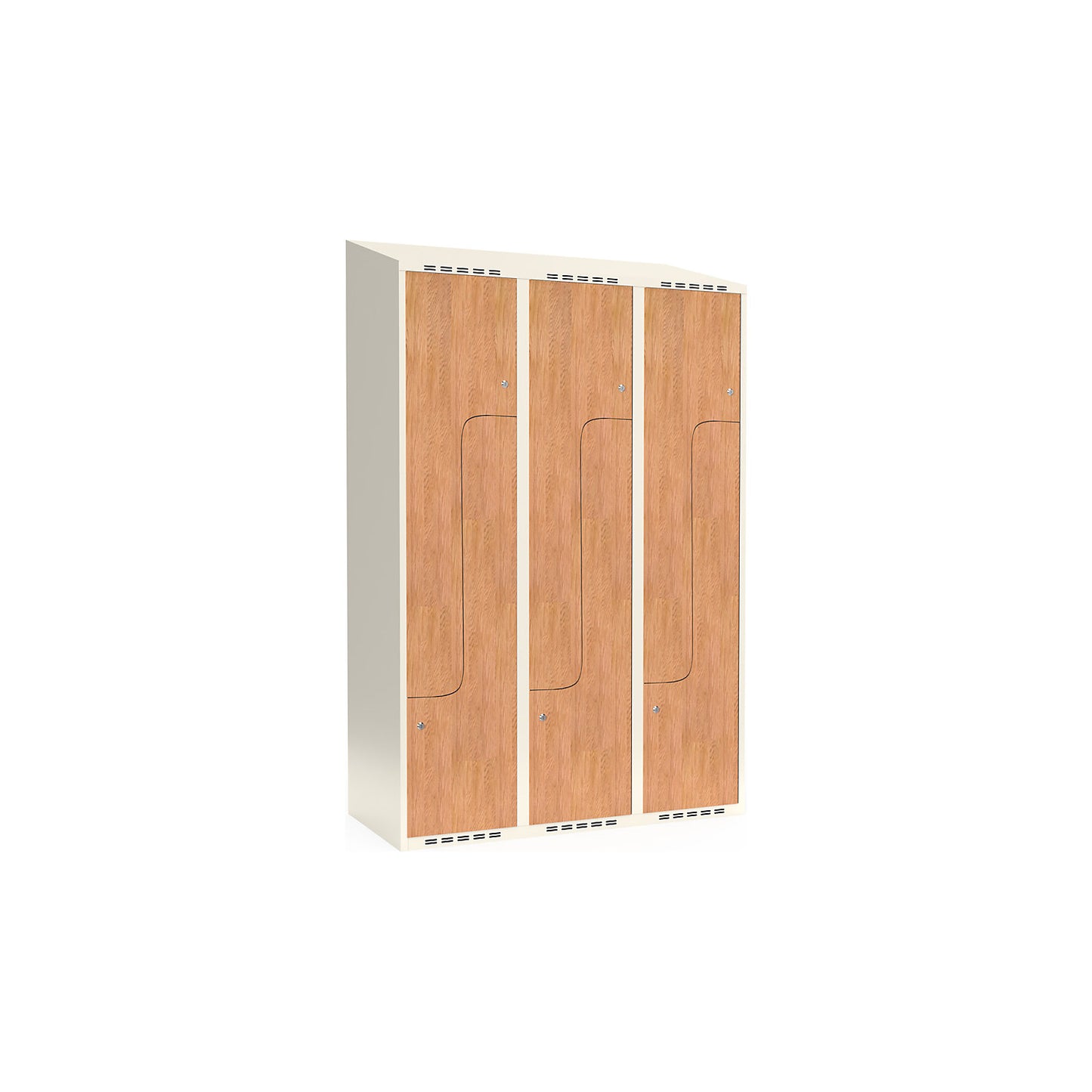 Fydor Z clothes locker, HPL, 3 sections, white/oak, W 1200 mm, sloping roof shape, cylinder lock.