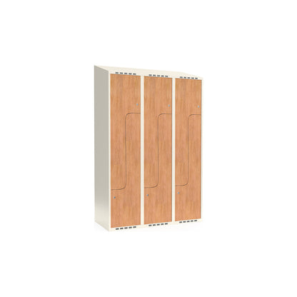 Fydor Z clothes locker, HPL, 3 sections, white/oak, W 1200 mm, sloping roof shape, cylinder lock.