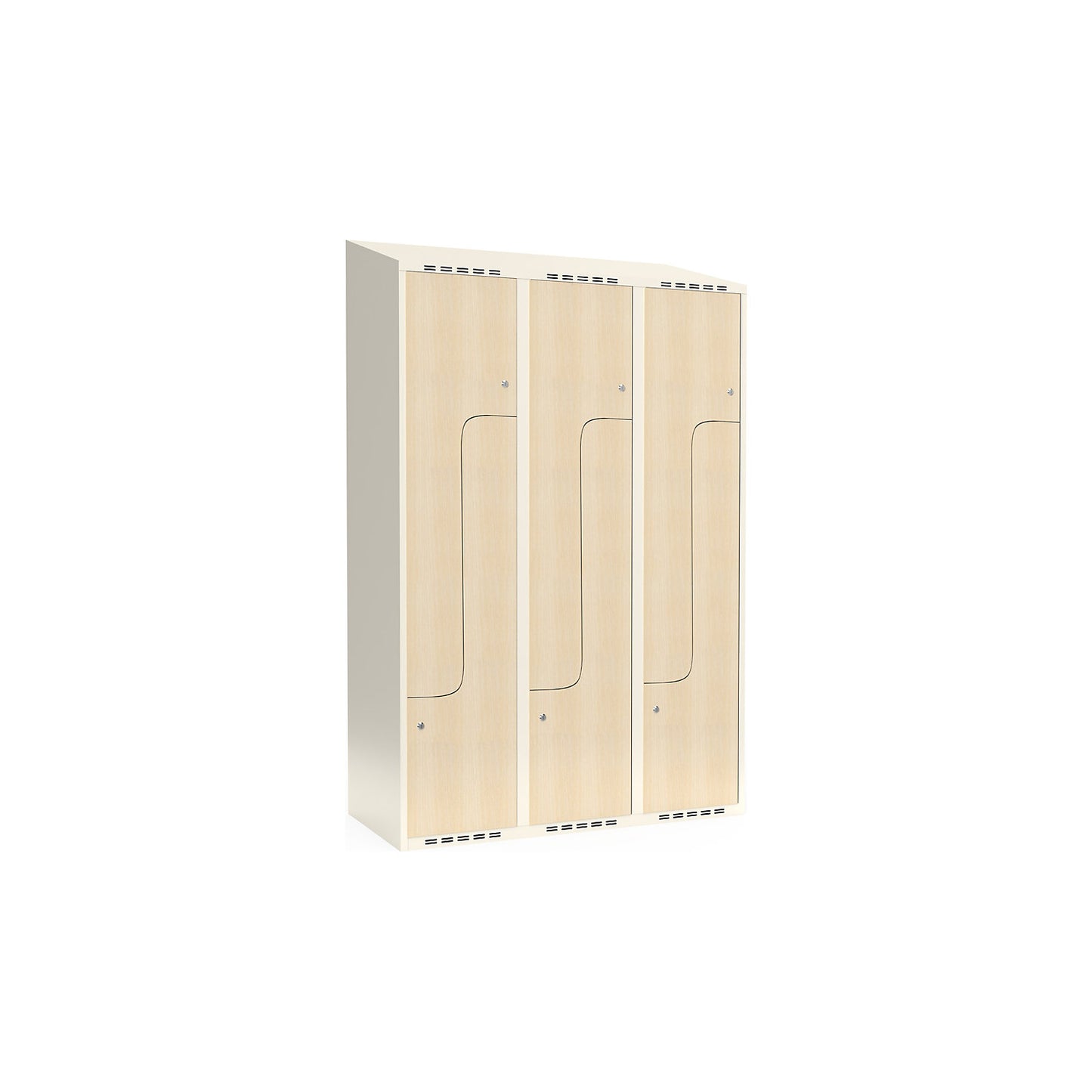 Fydor Z clothes locker, HPL, 3 sections, white/birch, W 1200 mm, sloping roof shape, cylinder lock.
