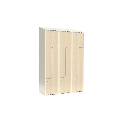 Fydor Z clothes locker, HPL, 3 sections, white/birch, W 1200 mm, sloping roof shape, cylinder lock.