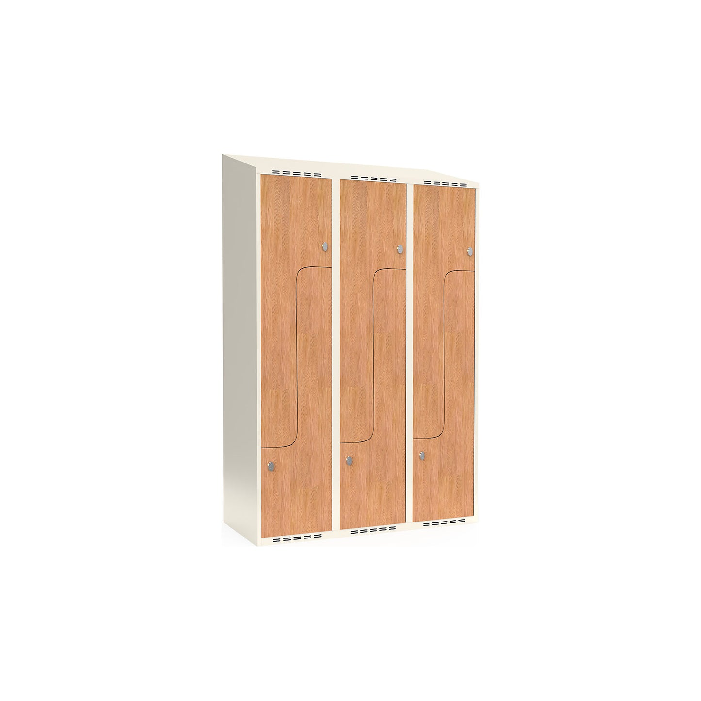 Fydor Z clothes locker, HPL, 3 sections, white/oak, W 1200 mm, sloping roof shape, padlock.