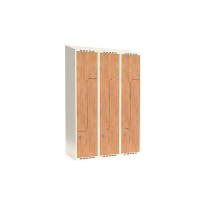 Fydor Z clothes locker, HPL, 3 sections, white/oak, W 1200 mm, sloping roof shape, padlock.