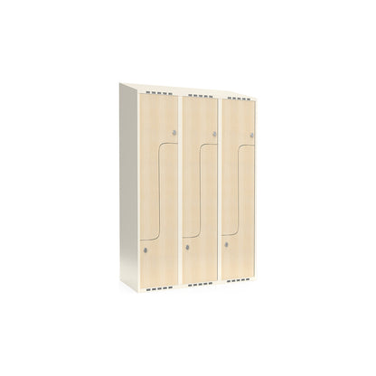 Fydor Z clothes locker, HPL, 3 sections, white/birch, W 1200 mm, sloping roof shape, padlock.