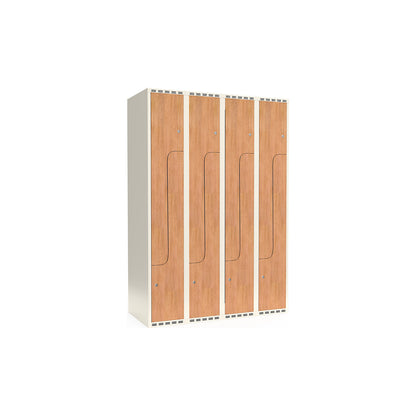 Fydor Z clothes locker, HPL, 4 sections, white/oak, W 1200 mm, flat roof shape, cylinder lock.