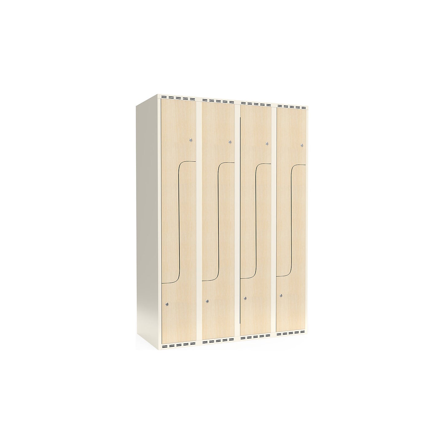 Fydor Z clothes locker, HPL, 4 sections, white/birch, W 1200 mm, flat roof shape, cylinder lock.