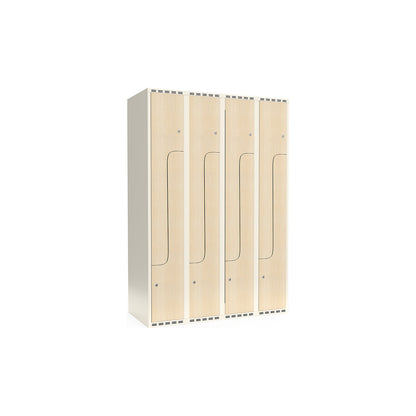 Fydor Z clothes locker, HPL, 4 sections, white/birch, W 1200 mm, flat roof shape, cylinder lock.