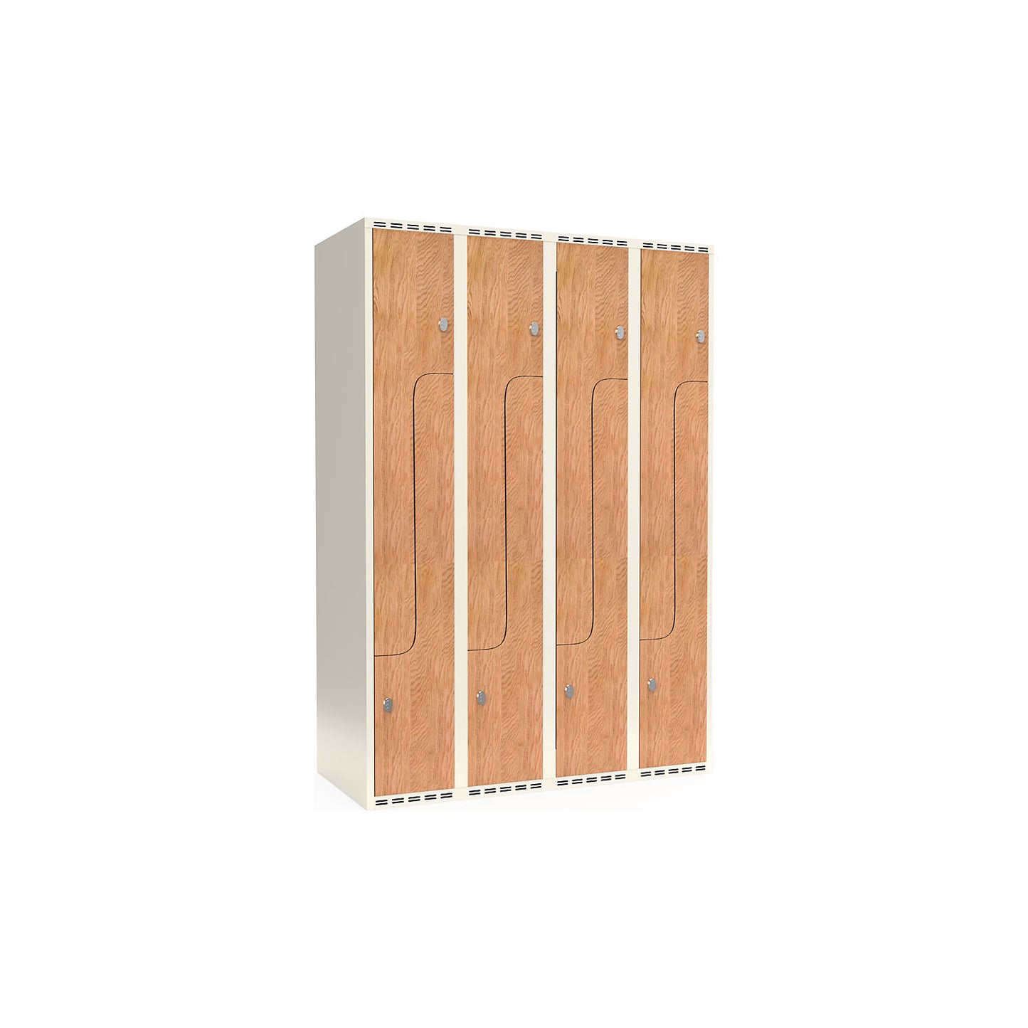 Fydor Z clothes locker, HPL, 4 sections, white/oak, W 1200 mm, flat roof shape, padlock.