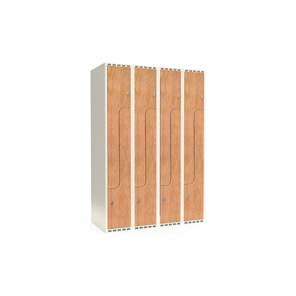 Fydor Z clothes locker, HPL, 4 sections, white/oak, W 1200 mm, flat roof shape, padlock.