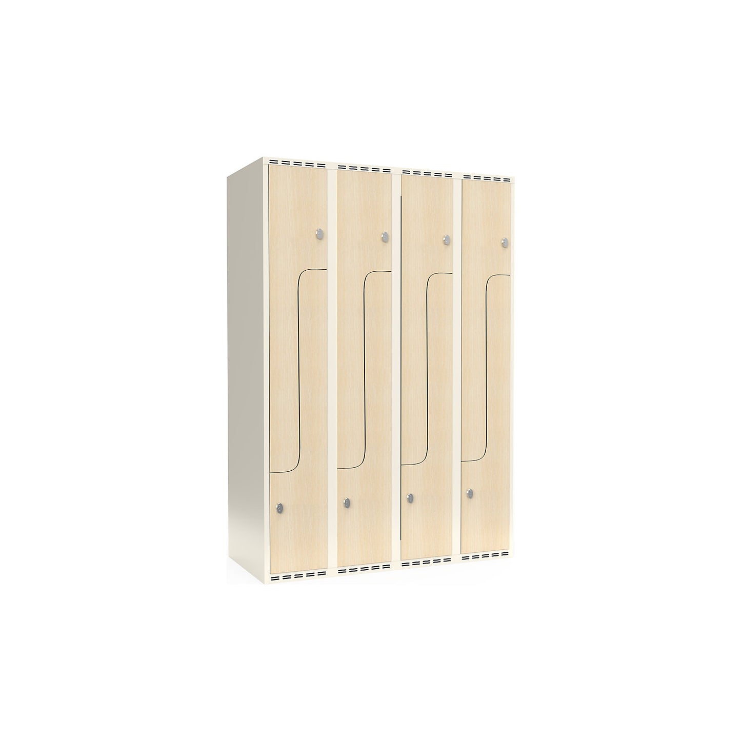 Fydor Z clothes locker, HPL, 4 sections, white/birch, W 1200 mm, flat roof shape, padlock.