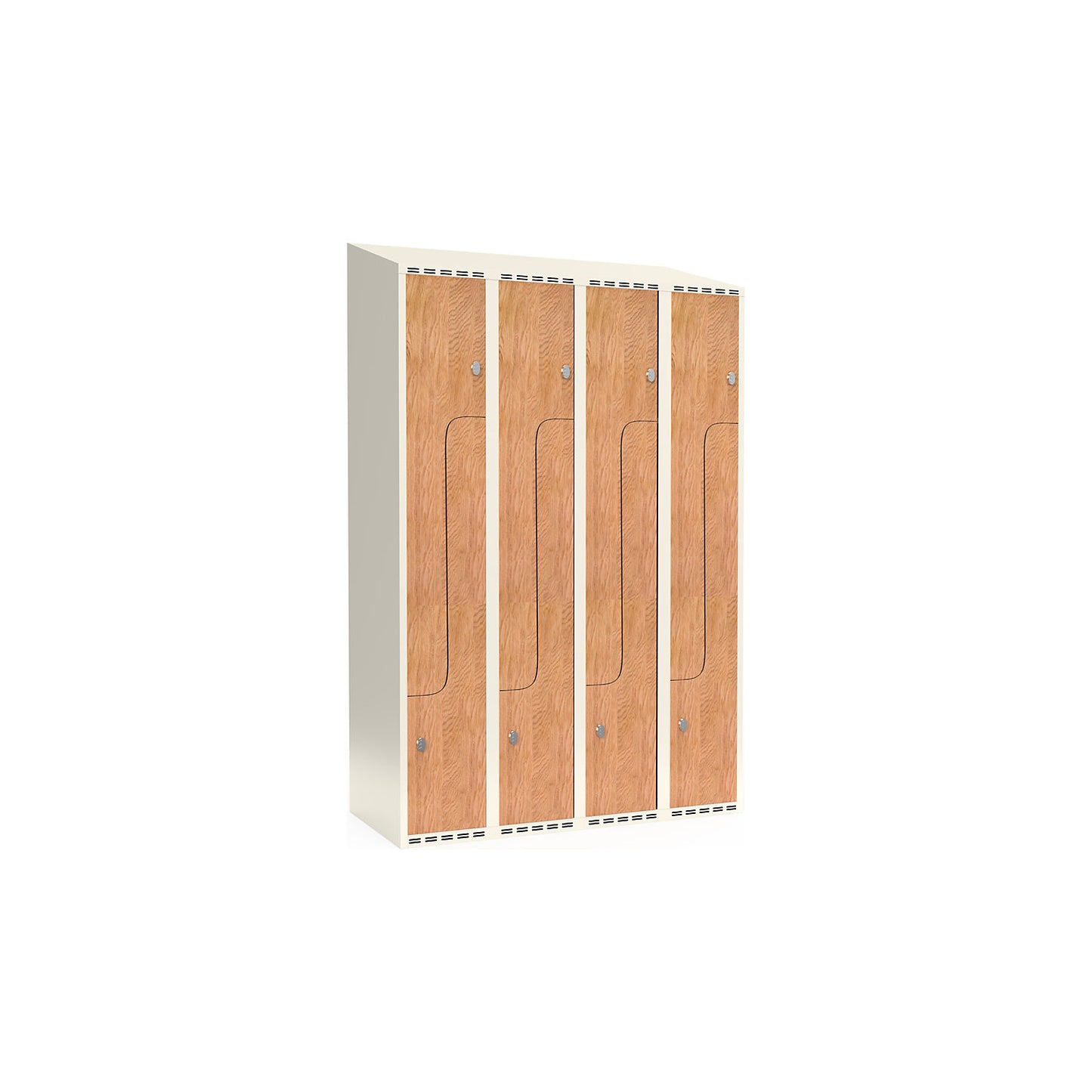 Fydor Z clothes locker, HPL, 4 sections, white/oak, W 1200 mm, sloping roof shape, padlock.