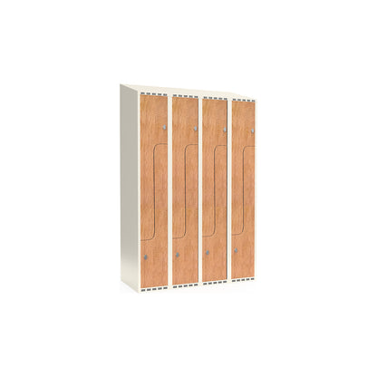 Fydor Z clothes locker, HPL, 4 sections, white/oak, W 1200 mm, sloping roof shape, padlock.