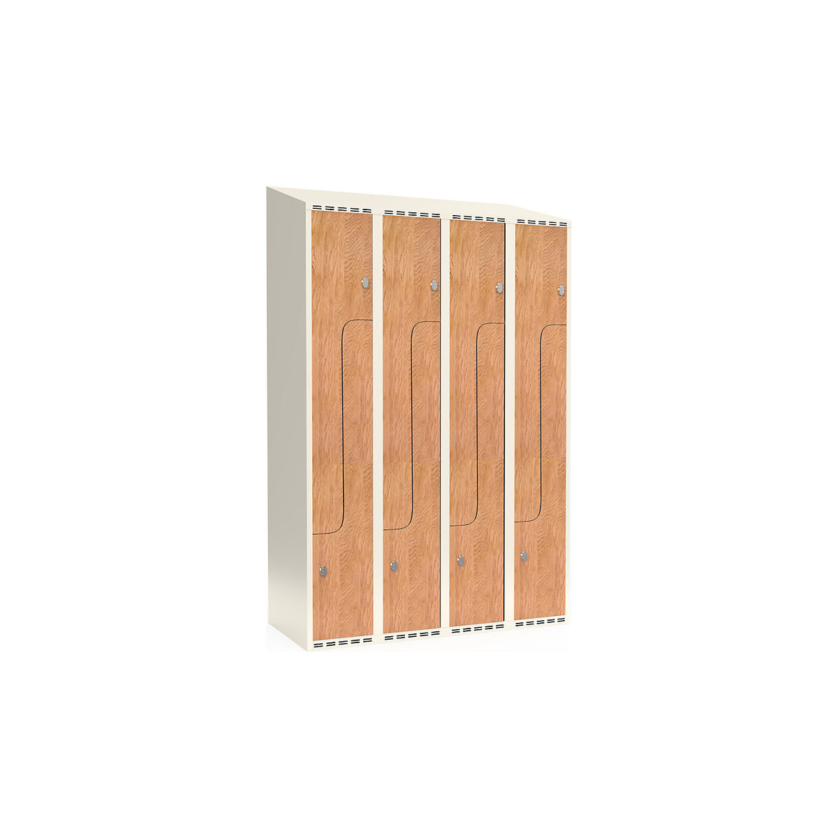 Fydor Z clothes locker, HPL, 4 sections, white/oak, W 1200 mm, sloping roof shape, padlock.