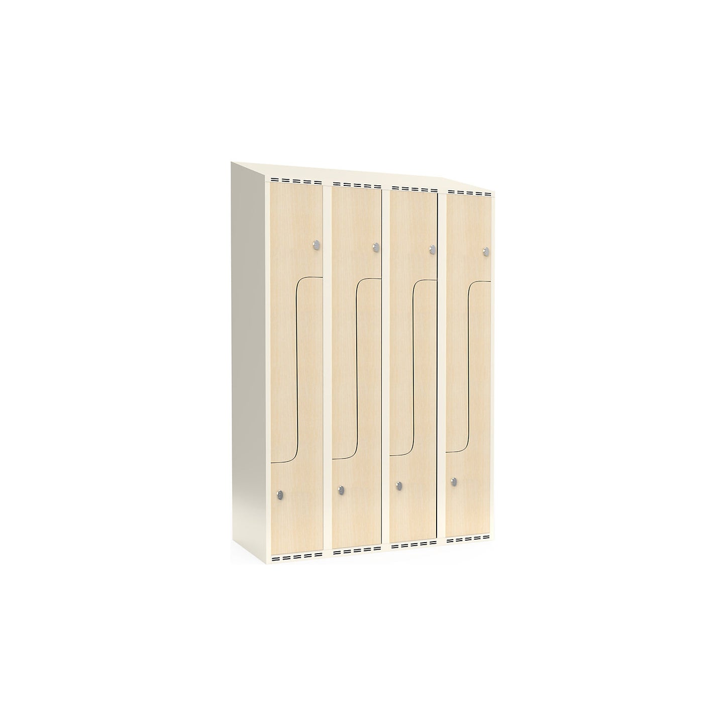 Fydor Z clothes locker, HPL, 4 sections, white/birch, W 1200 mm, sloping roof shape, padlock.