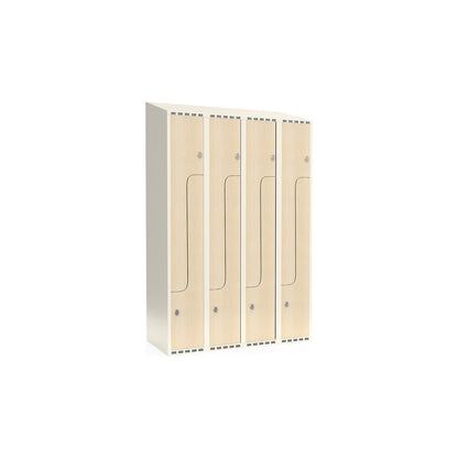 Fydor Z clothes locker, HPL, 4 sections, white/birch, W 1200 mm, sloping roof shape, padlock.