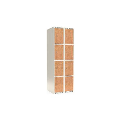 Fydor 4-door compartment locker, HPL, 2 sections, white/oak, W 600 mm, flat roof shape, cylinder lock.