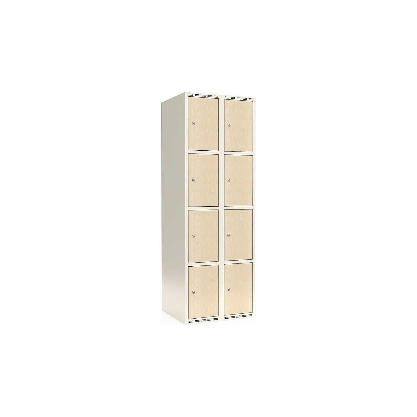 Fydor 4-door compartment locker, HPL, 2 sections, white/birch, W 600 mm, flat roof shape, cylinder lock.
