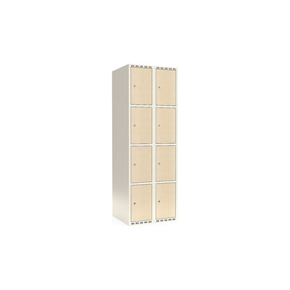 Fydor 4-door compartment locker, HPL, 2 sections, white/birch, W 600 mm, flat roof shape, cylinder lock.