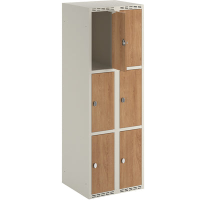 Fydor 3-door compartment locker, HPL, 2 sections, white/oak, W 600 mm, flat roof shape, padlock.