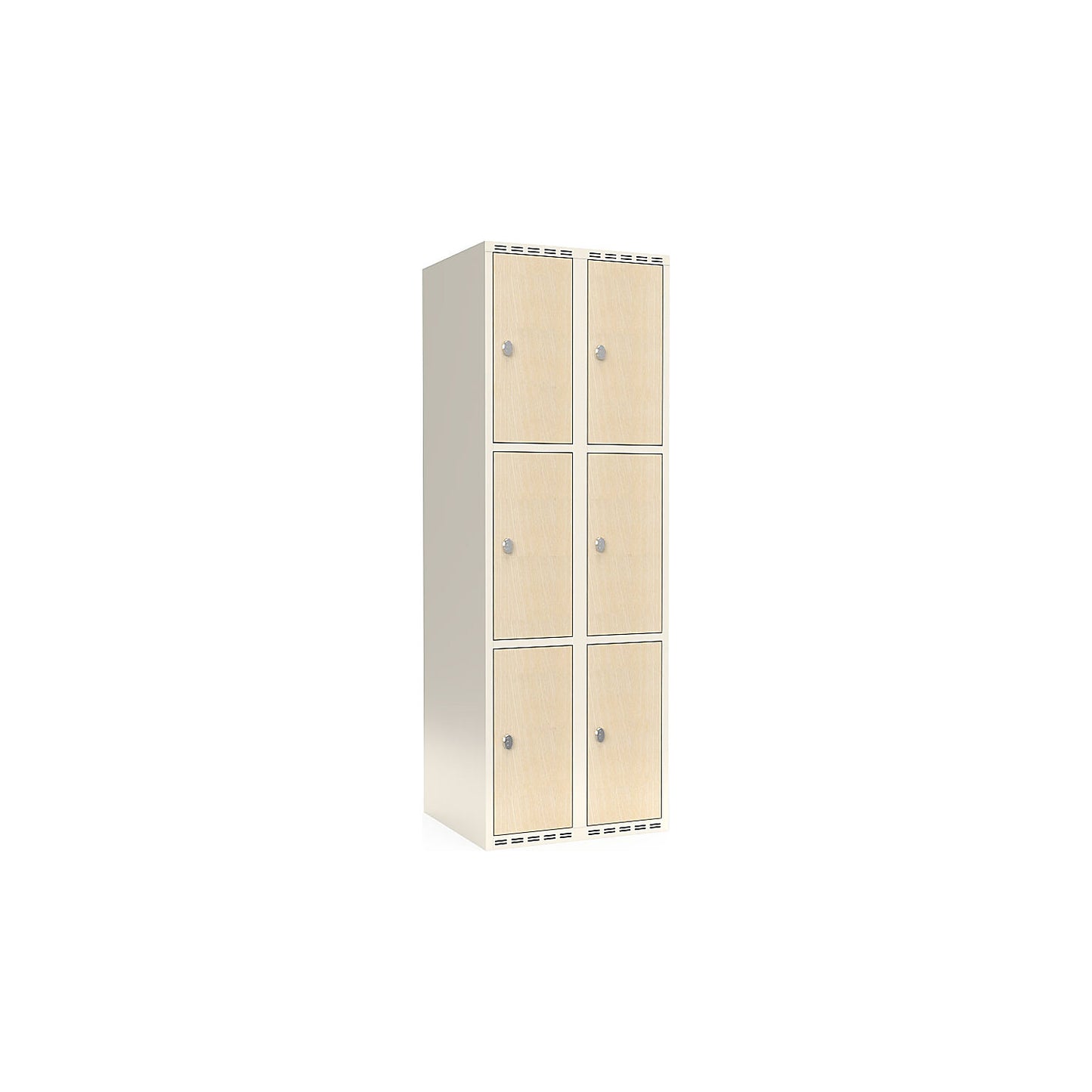 Fydor 3-door compartment locker, HPL, 2 sections, white/birch, W 600 mm, flat roof shape, padlock.