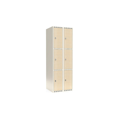 Fydor 3-door compartment locker, HPL, 2 sections, white/birch, W 600 mm, flat roof shape, padlock.