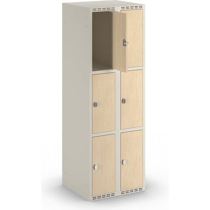 Fydor 3-door compartment locker, HPL, 2 sections, white/birch, W 600 mm, flat roof shape, padlock.