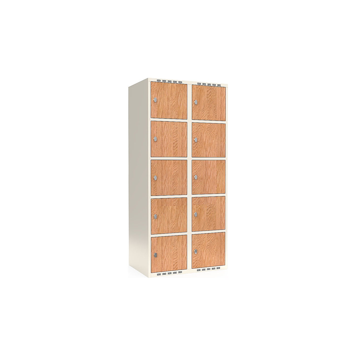 Fydor 5-door compartment locker, HPL, 2 sections, white/oak, W 800 mm, flat roof shape, padlock.