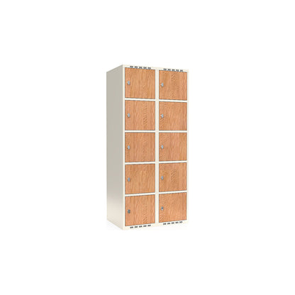 Fydor 5-door compartment locker, HPL, 2 sections, white/oak, W 800 mm, flat roof shape, padlock.