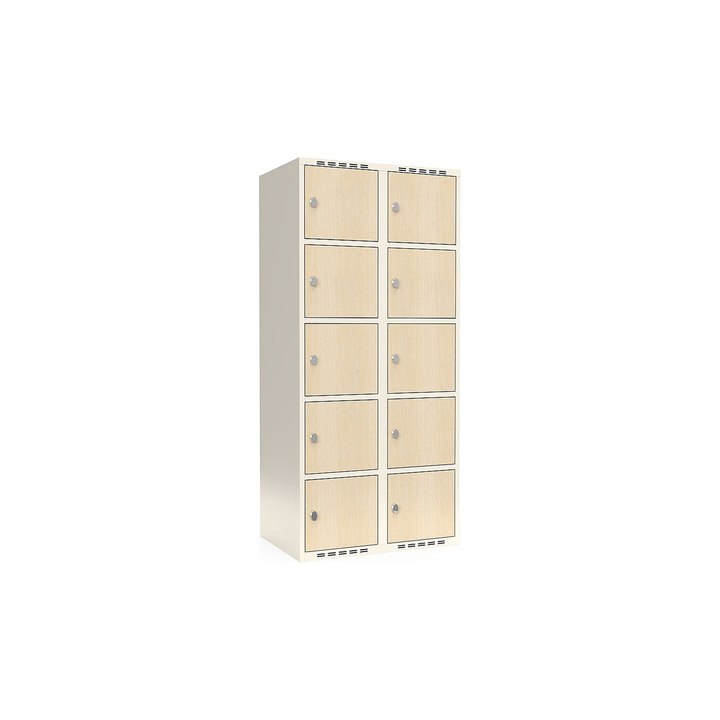 Fydor 5-door compartment locker, HPL, 2 sections, white/birch, W 800 mm, flat roof shape, padlock.