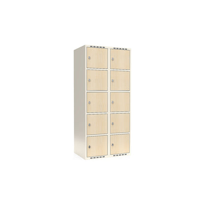 Fydor 5-door compartment locker, HPL, 2 sections, white/birch, W 800 mm, flat roof shape, padlock.