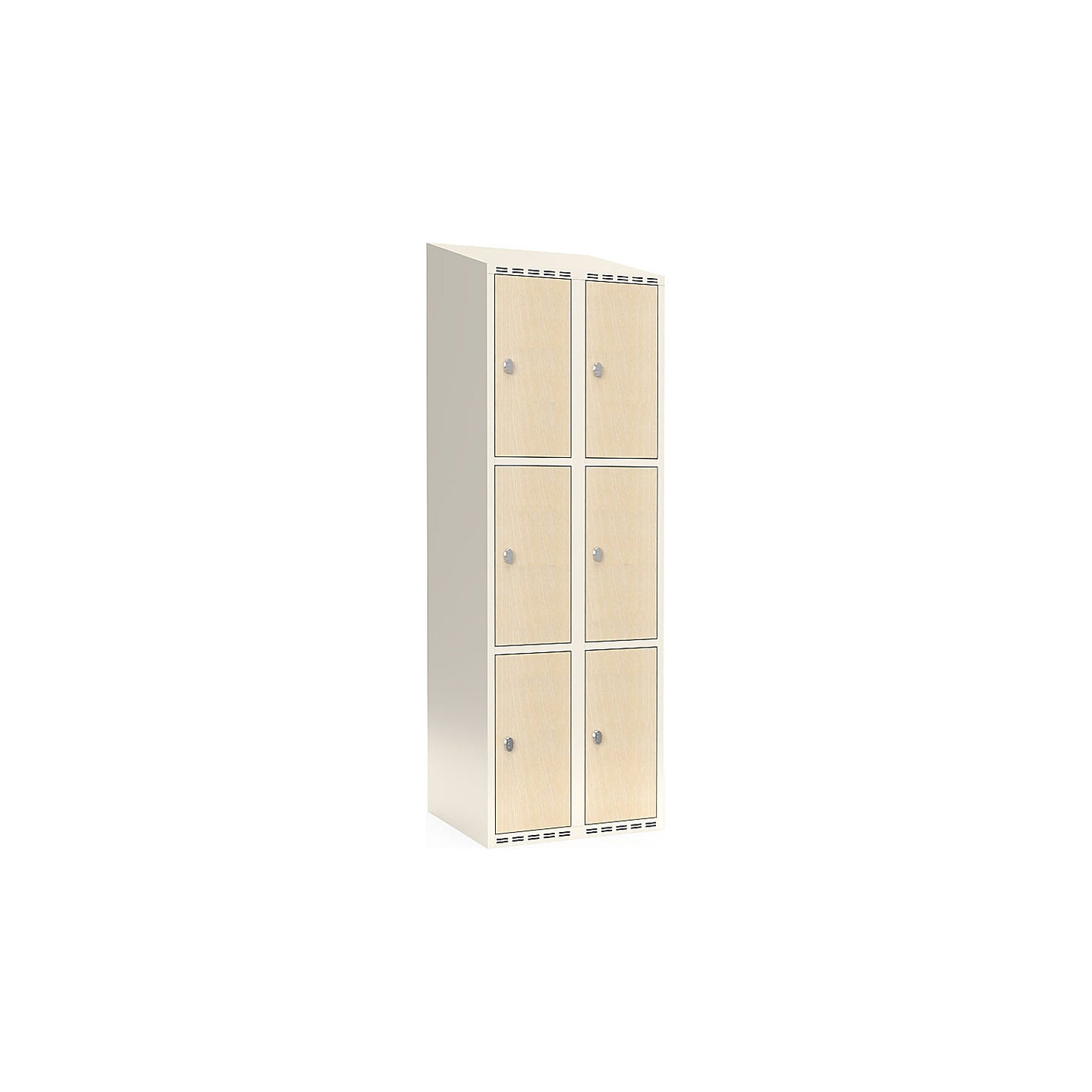 Fydor 3-door compartment locker, HPL, 2 sections, white/birch, W 600 mm, sloping roof shape, padlock.