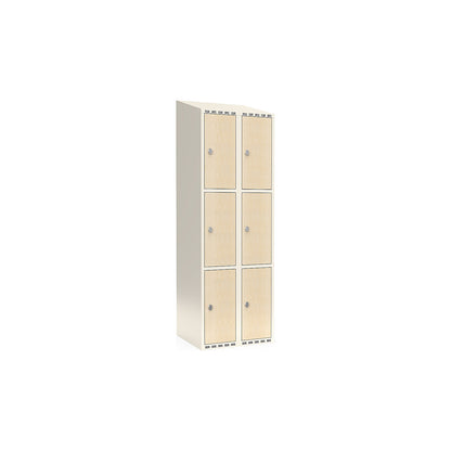 Fydor 3-door compartment locker, HPL, 2 sections, white/birch, W 600 mm, sloping roof shape, padlock.