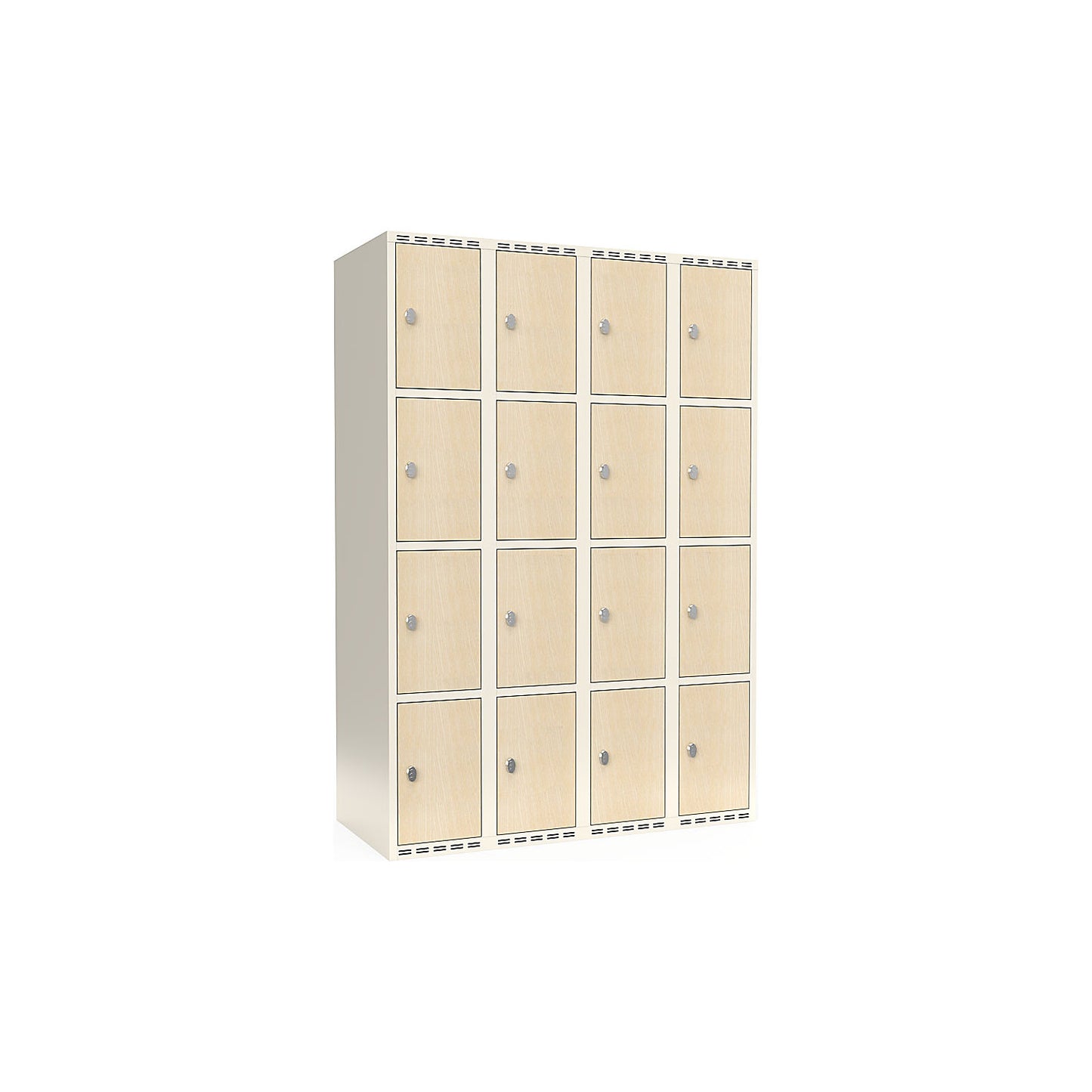 Fydor 4-door compartment locker, HPL, 4 sections, white/birch, W 1200 mm, flat roof shape, padlock.