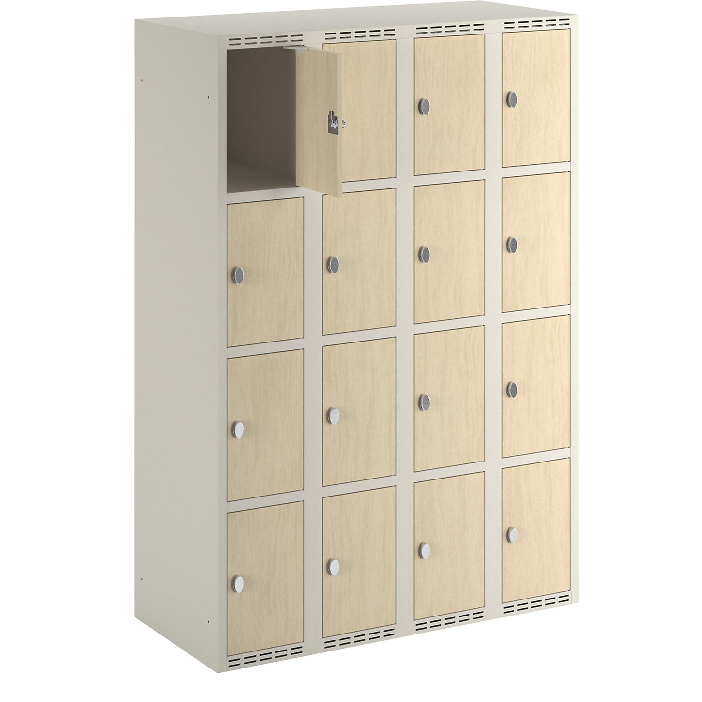 Fydor 4-door compartment locker, HPL, 4 sections, white/birch, W 1200 mm, flat roof shape, padlock.