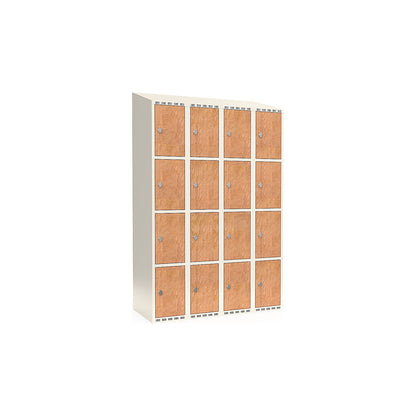 Fydor 4-door compartment locker, HPL, 4 sections, white/oak, W 1200 mm, sloping roof shape, padlock.