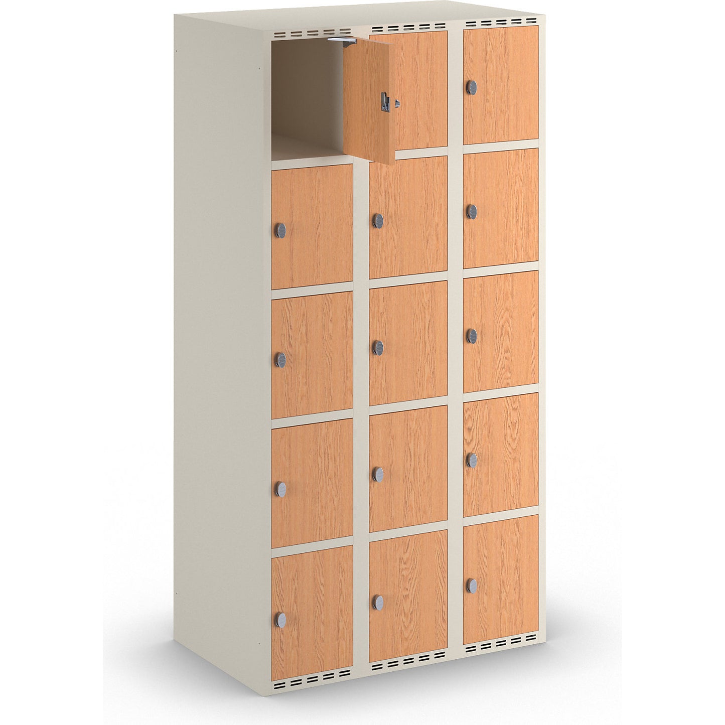 Fydor 5-door compartment locker, HPL, 3 sections, white/oak, W 900 mm, flat roof shape, padlock.