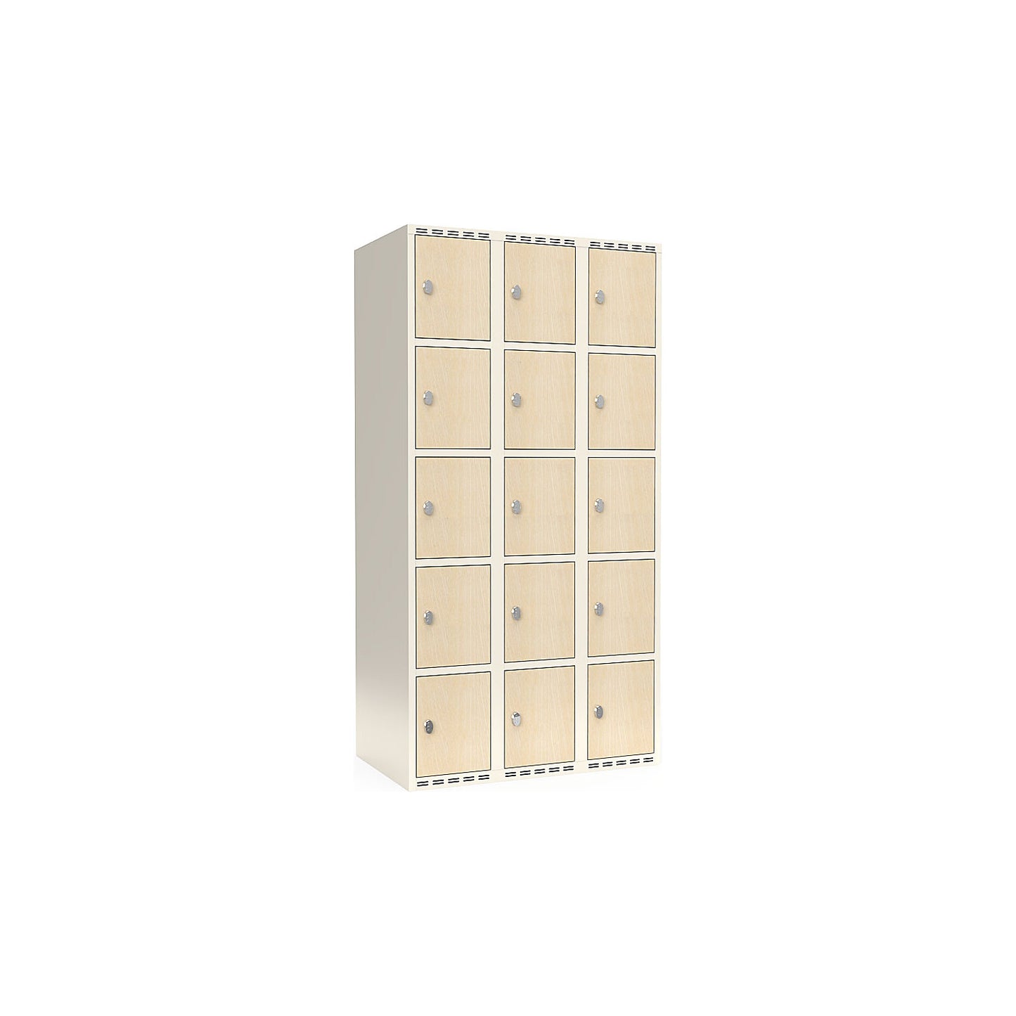 Fydor 5-door compartment locker, HPL, 3 sections, white/birch, W 900 mm, flat roof shape, padlock.